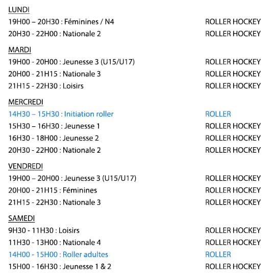 Créneaux horaires entrainement saison 2024-2025